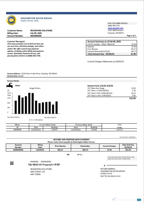 USA Washington Water Service business utility bill template in Word and PDF formats
